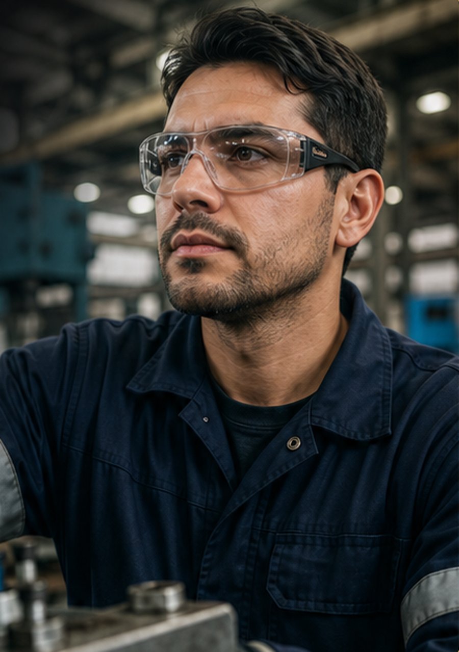 Trabajador de industria usando lentes de seguridad graduados de Fix Visión Ópticas